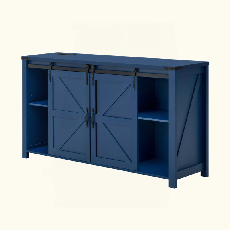 Sideboard With Storage,Farmhouse Storage Cabinet With Sliding Barn Doors And 4 Drawers, Wood Buffet Table With Power Outlet