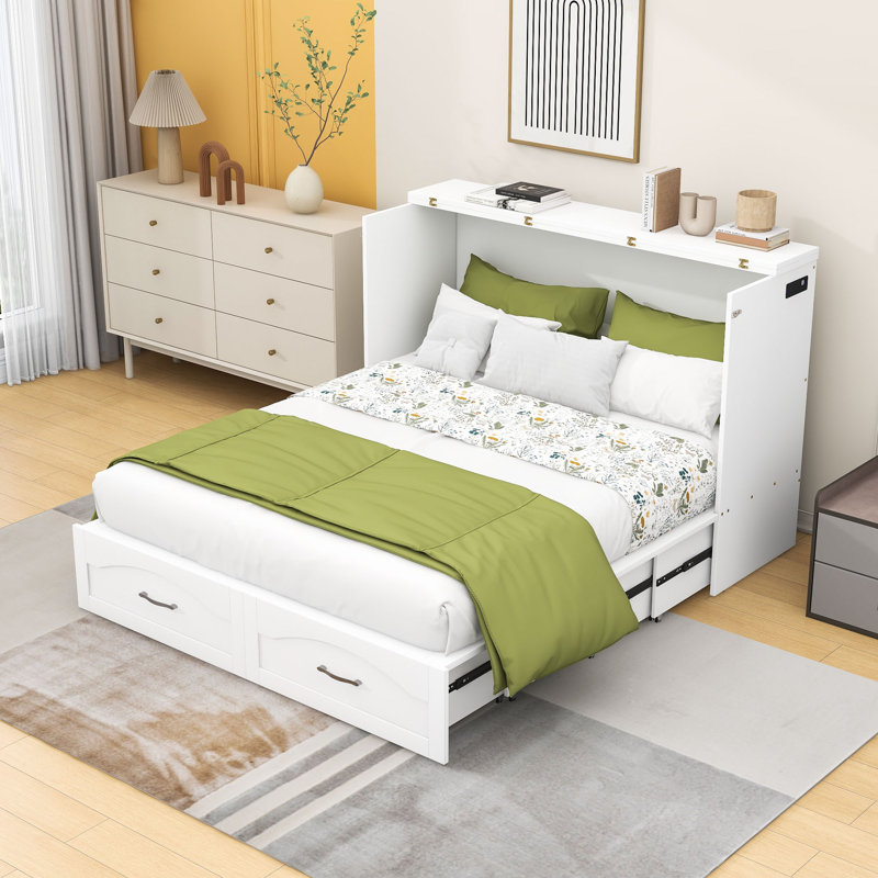 Lit escamotable double en bois Chizoba avec tiroir et ports USB