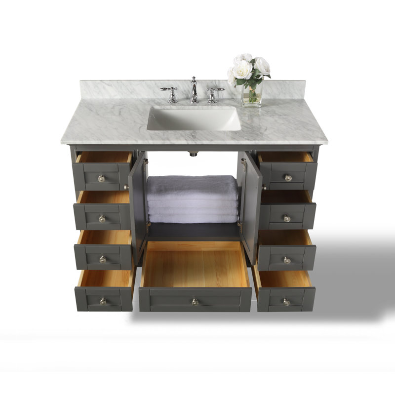Ensemble de meuble-lavabo simple 48 po Varna, Gris saphir / nickel brossé, Marbre blanc de Carrare