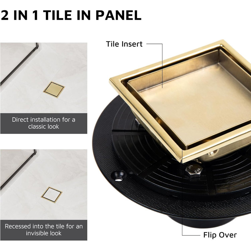 Square Shower Drain With Flange, Brushed Gold