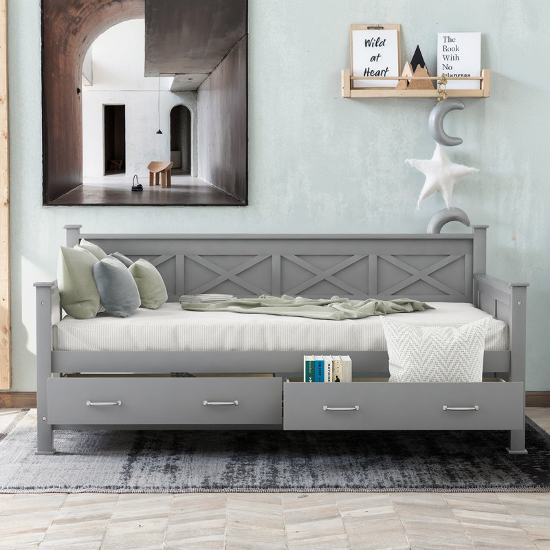 Twin Size Daybed With 2 Large Drawers, Gray