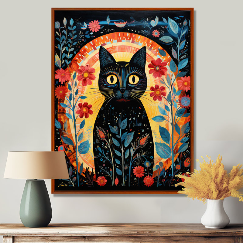 «Black Boho Flower Cat - Cat», reproduction d'art murale, Toile avec cadre brun, H 20 po x l 12 po x P 1 po