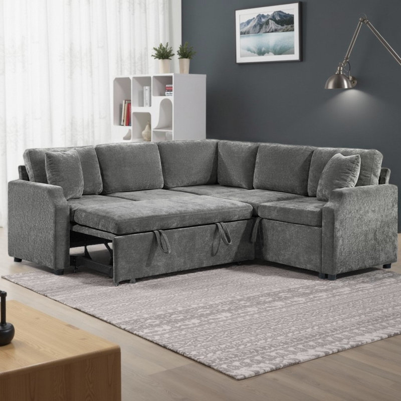 81.9" L-Shaped Sectional Sofa Bed with Storage – Chenille Upholstered Convertible Sleeper, 4-Seat Modular Couch with Hidden Compartment & Throw Pillows for Living Room