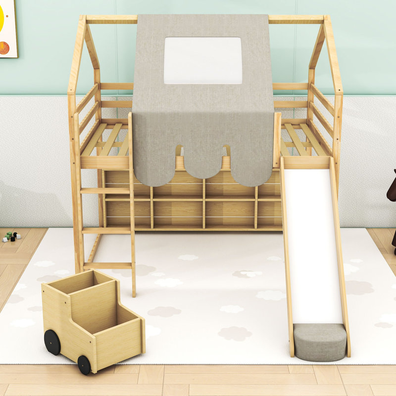 Wooden Loft Bed With A Tent, Storage Shelves And Slide, Natural/Beige, Full