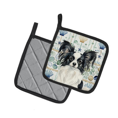 Black and White Papillon Coastal Sea Glass Pair of Pot Holders