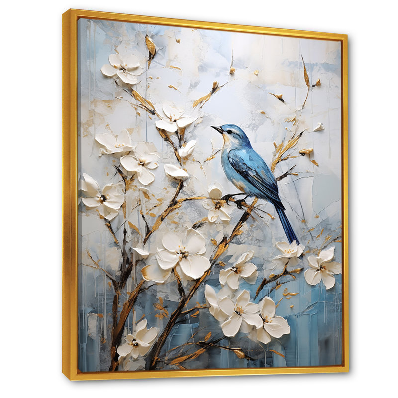 Art mural minimaliste, fleurs et oiseaux du printemps, 32" H x 24" W, Cadre flottant doré