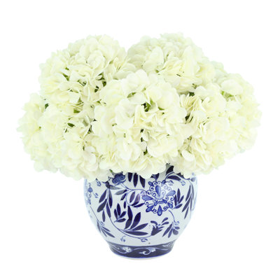 Hydrangea Arrangement in Blue and White Vase