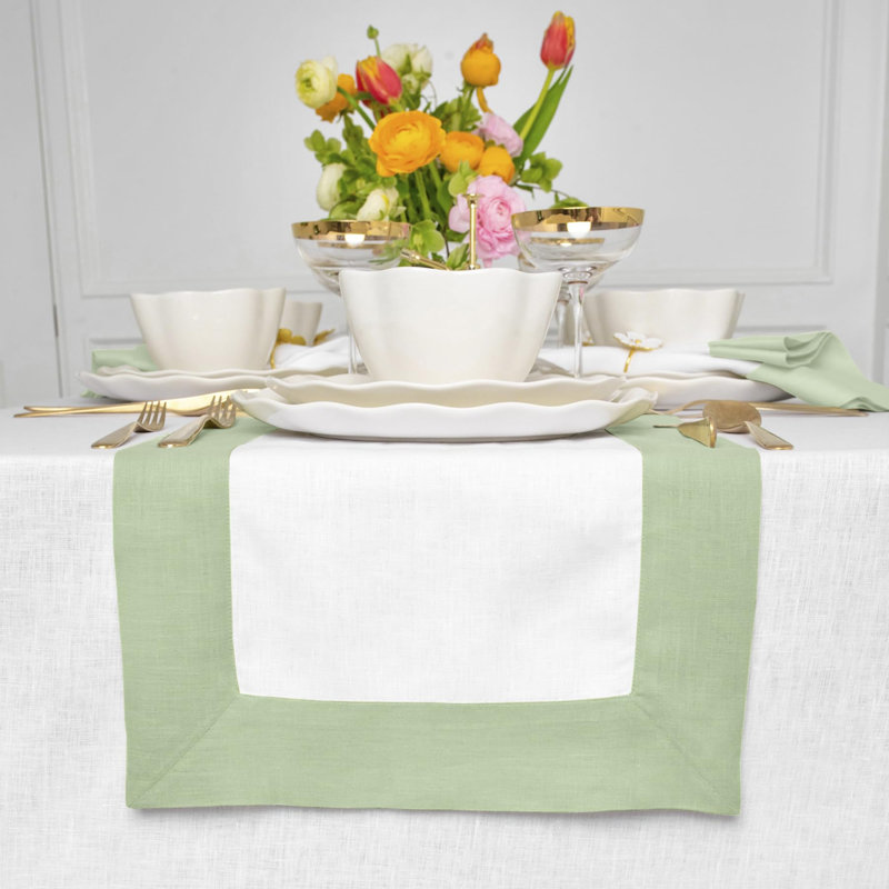 Contempo - 100% Pure Linen Table Runner, 72" x 14", Light Green/White