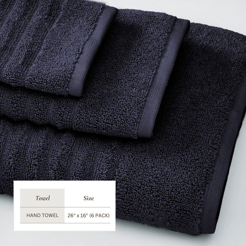 Serviettes de bain 100% coton à nervures zéro torsion , Marine, Essuie-mains - paquet de 6