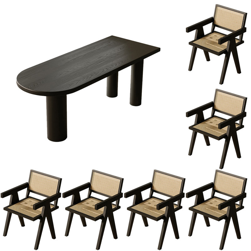 French style solid wood dining table set, 29.5"H x 62.9"L x 27.5"W, 7