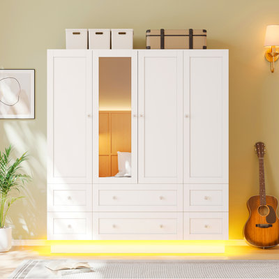 Freestanding Wardrobe Armoire with Mirror, 6 Drawers & RGB LED Light, Large Wooden Bedroom Clothes Storage Closet