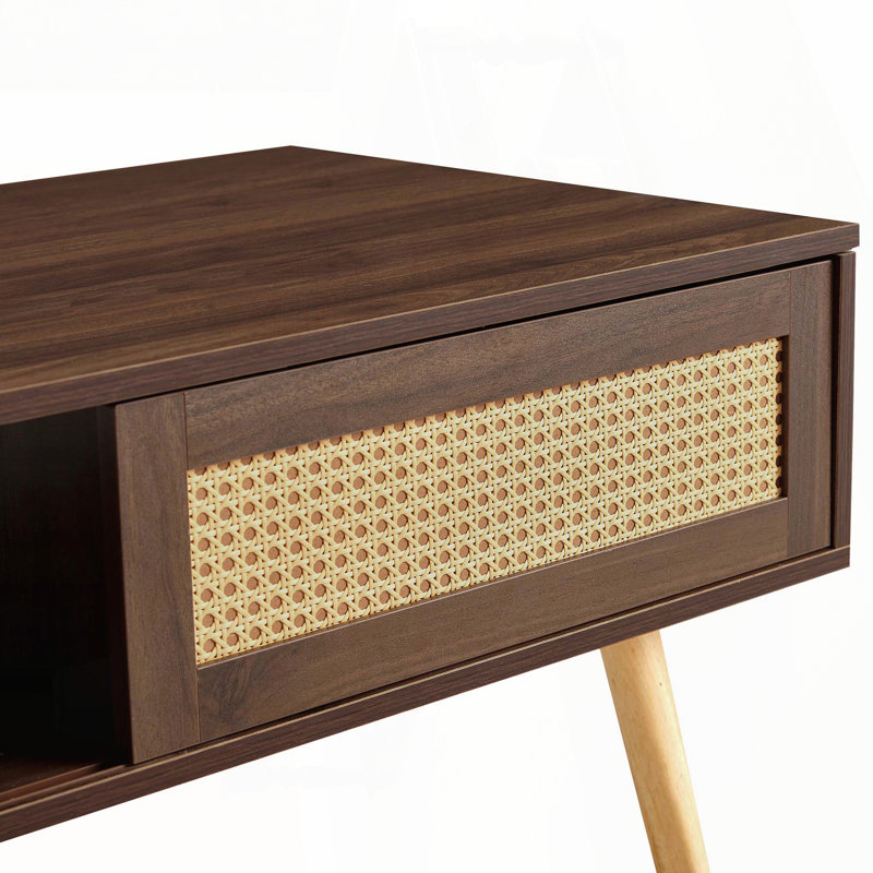 Table basse en rotin PE avec rangement à porte coulissante et pieds en bois massif - noyer, 41,34 po