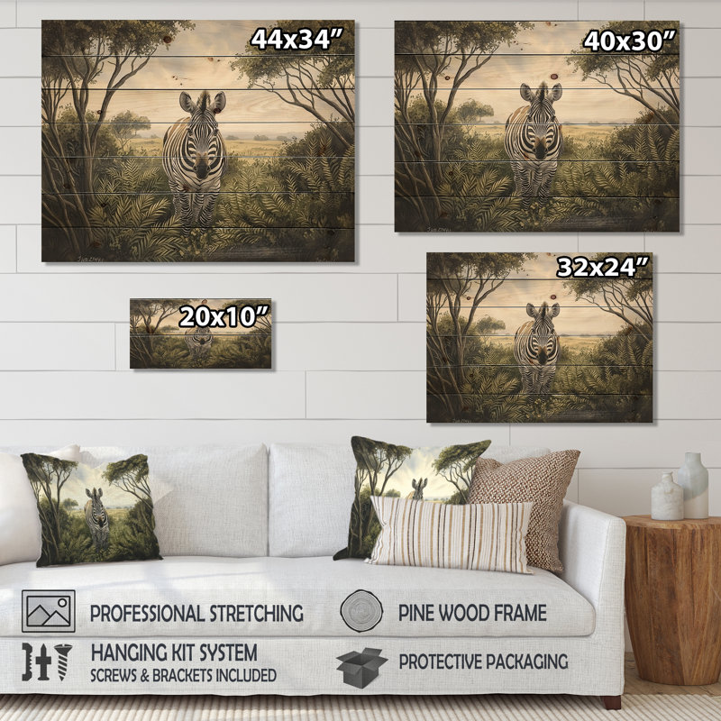 Aquarelle Zebra Garden I - Décoration murale moderne en bois sur bois de pin naturel, H 24 po x l 32 po