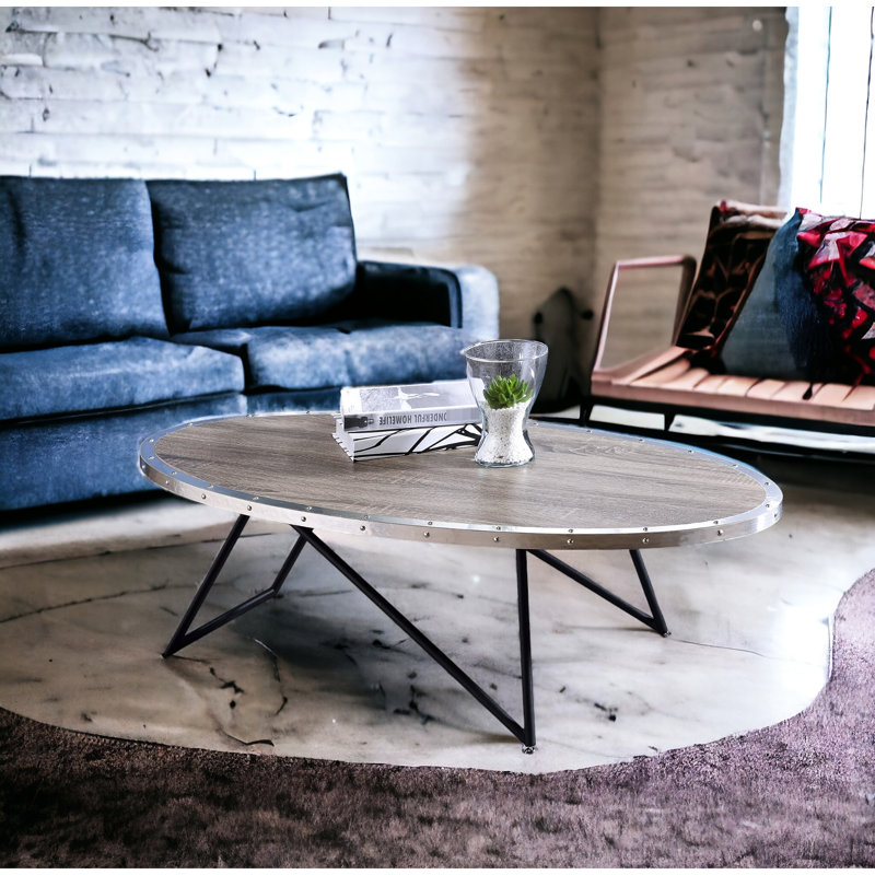 Table basse noire et chêne avec bordure en métal, hauteur de 15 po, capacité de poids de 70 lb, base ovale gris vieilli, produit de 20 lb