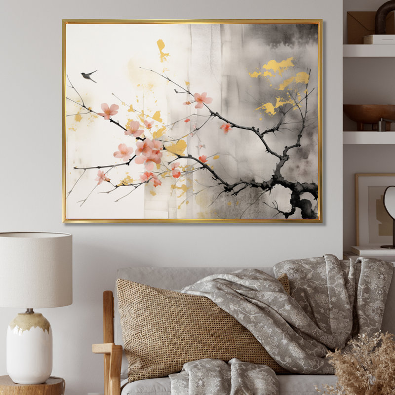 Art asiatique Sumi Blossom I - art mural asiatique, H 12 po x l 20 po x P 1 po, Cadre flottant doré