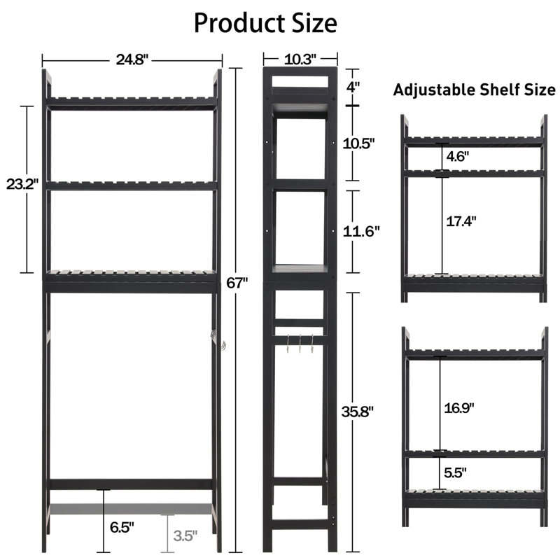 3-Tier Bamboo Adjustable Over Toilet Storage Rack, Black