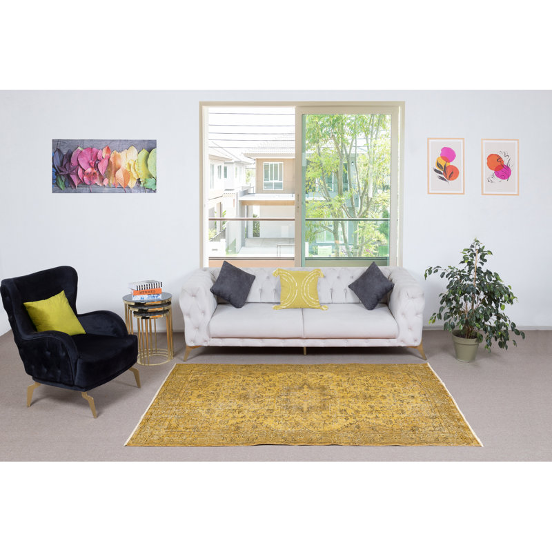 5x8 Ft Vintage Handmade Medallion Design Rug Overdyed in Yellow for Modern Interiors