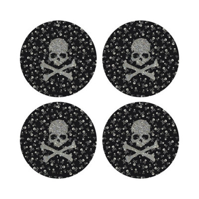 Crossbones Large Black Vegan Leather Round Coasters