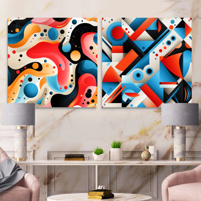 Pink And Blue Popart Trendy Patterns I - Abstract Geometric Acrylic Wall Art Glass Set Of 2