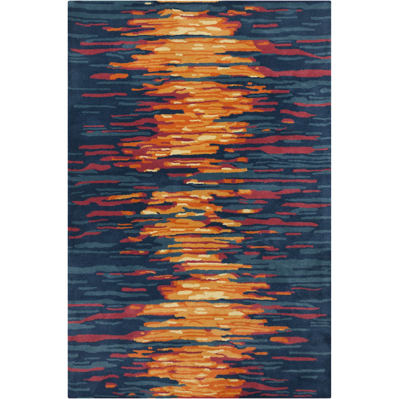 Cloral Authentic Hand-Tufted Handmade Navy, Orange & Gold Modern Abstract Horizon Wool Area Rug, Rectangle 5' x 7'6"