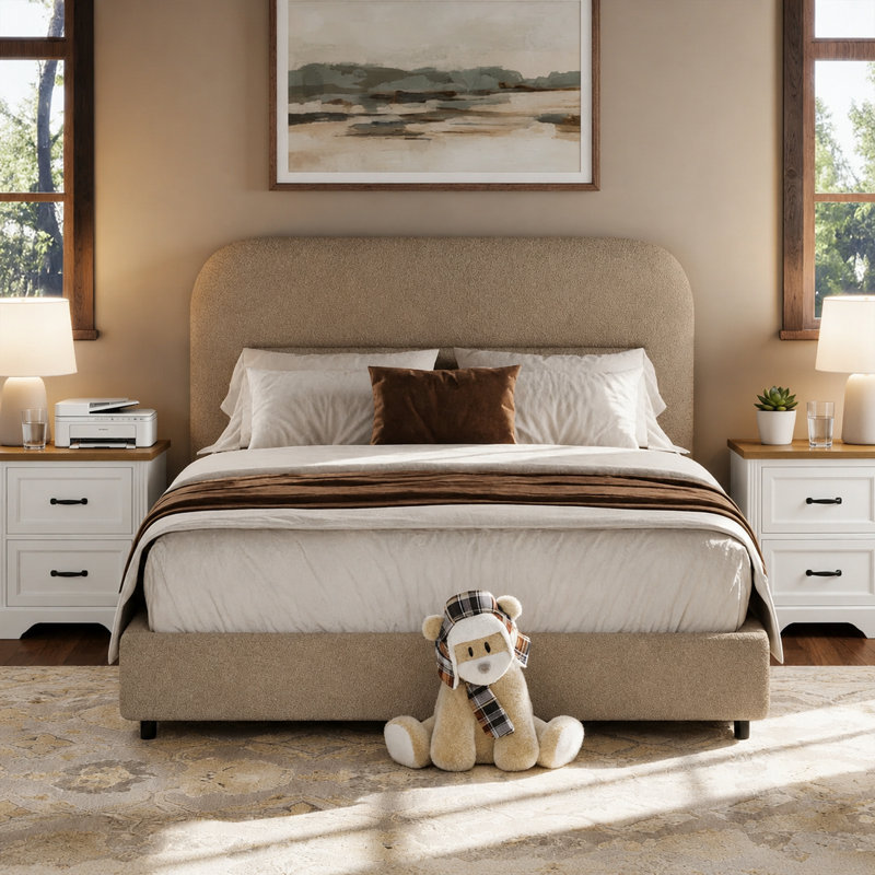 Ensemble de lit incurvé moderne avec table de chevet 2 pièces Modern Boucle, Crème, Lit simple