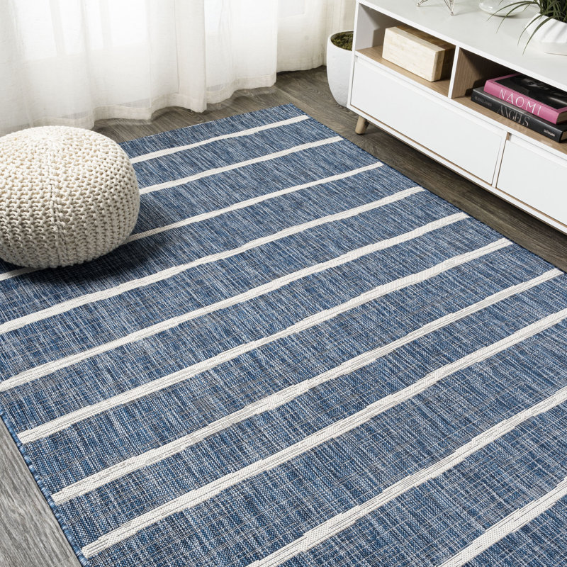 London Berber Stripe Blue/Ivory Indoor/Outdoor Rug, Rectangle 7'9" x 10'