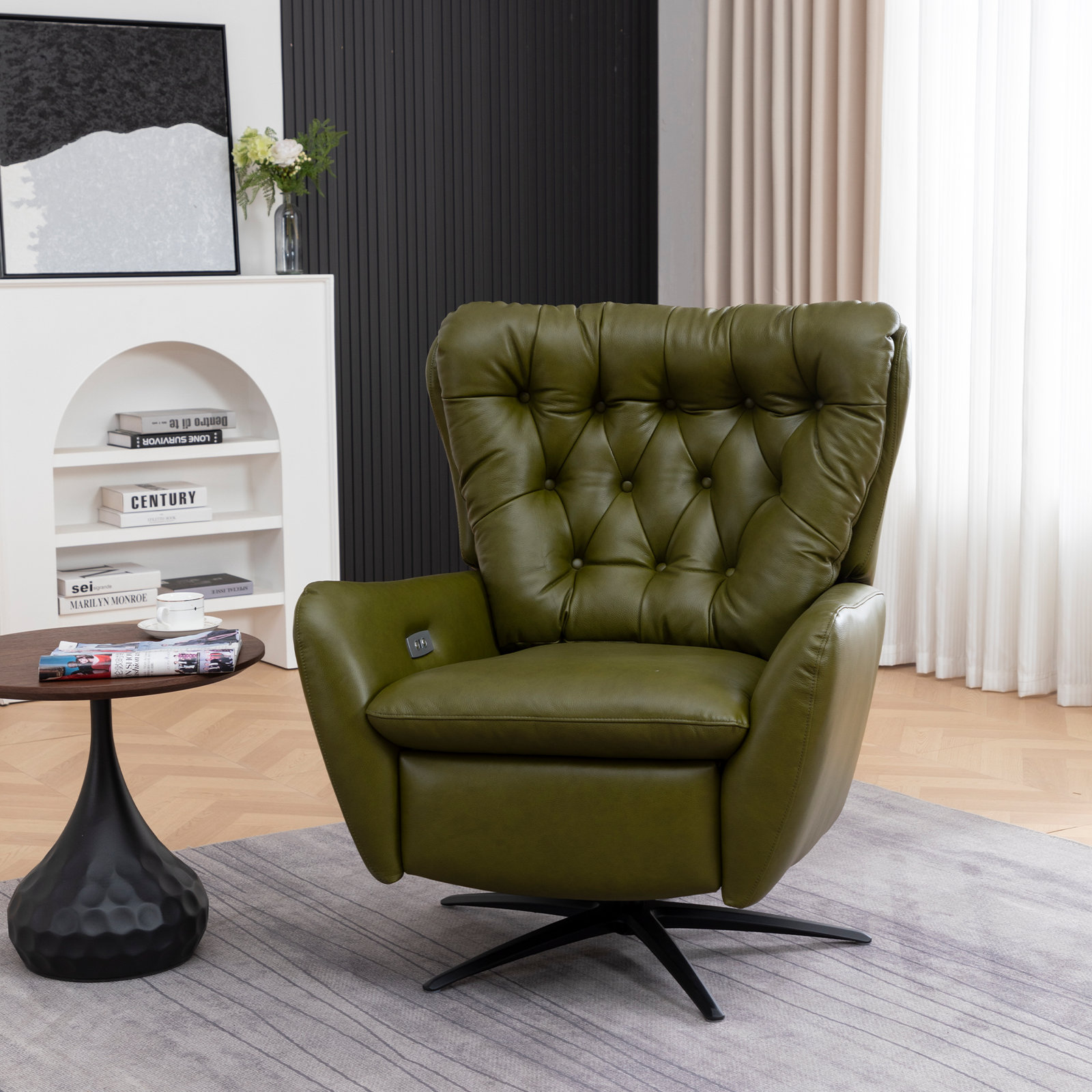 Harrington 31" Genuine Leather Swivel Power Recliner, Olive Green