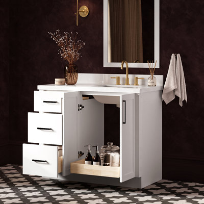 Meuble-lavabo rectangulaire simple décalé à droite de 43 pouces avec comptoir en quartz blanc pur de 1,5 pouce d'épaisseur.