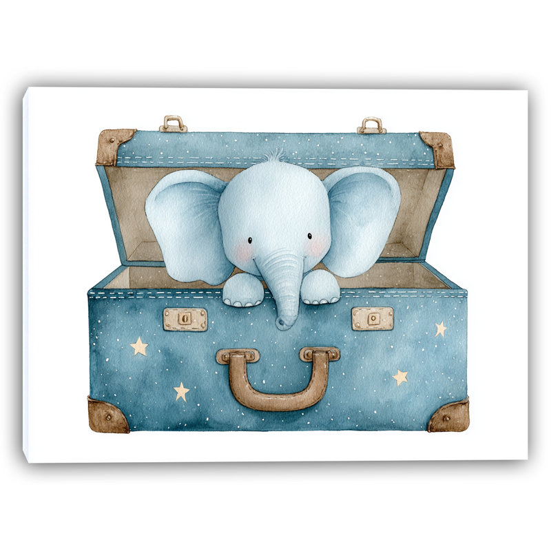 «Playful Elephant in Valise», art mural sur toile tendue, H 30 po x l 40 po