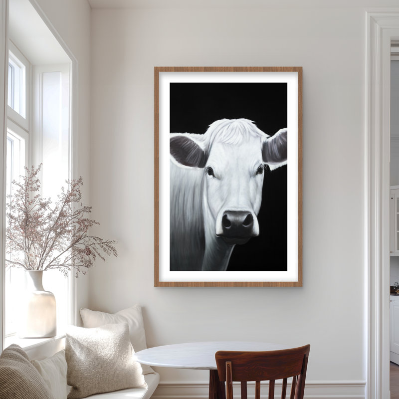 Vache - reproduction mate encadrée pour la décoration intérieure | Art animalier, H 36 po x l 24 po, Brun