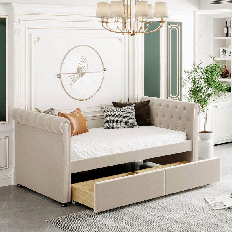 Lit de jour simple tapissier avec tiroirs, support en lattes de bois, beige