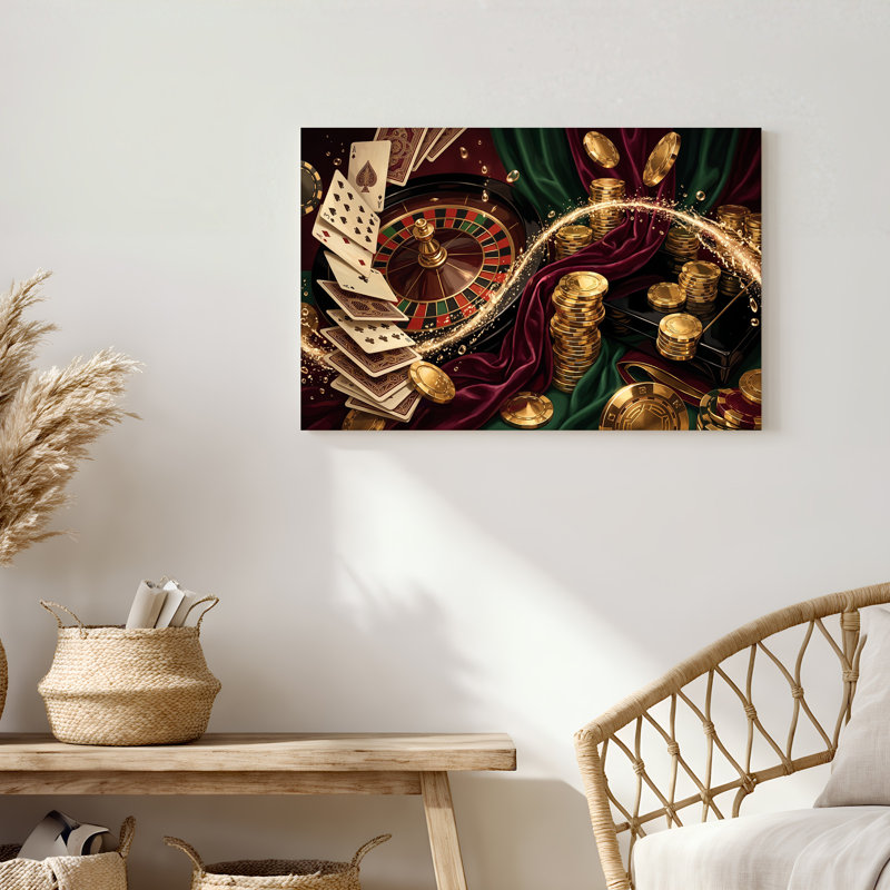 Roulette de roulette, cartes à jouer avec pièces d'or sur toile de velours rouge, H 18 po x l 24 po