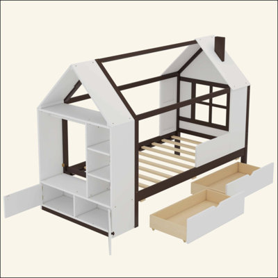 Lit plateforme House avec tiroirs, lit maison en bois massif avec tablettes, conception enfantine