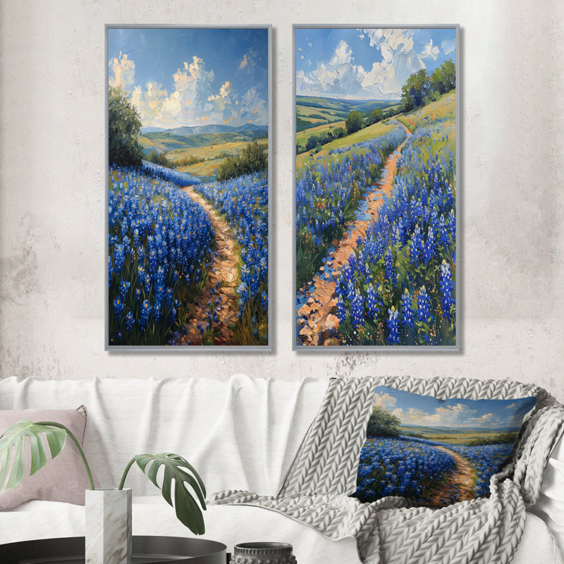 «Blue Bonnets Summer Blue», ensemble de 2 pièces bleues «Blue Bonnets Fields I», Argent argent, H 28 po x l 24 po