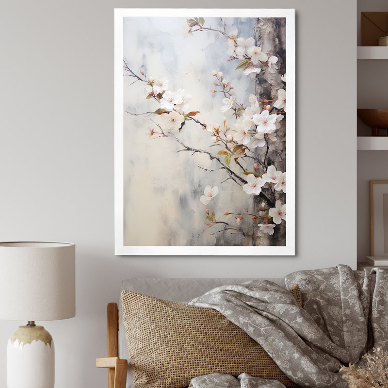 Minimalisme blanc et gris cerisier en fleurs I sur toile, Cadre simple blanc, H 32 po x l 16 po x P 1 po