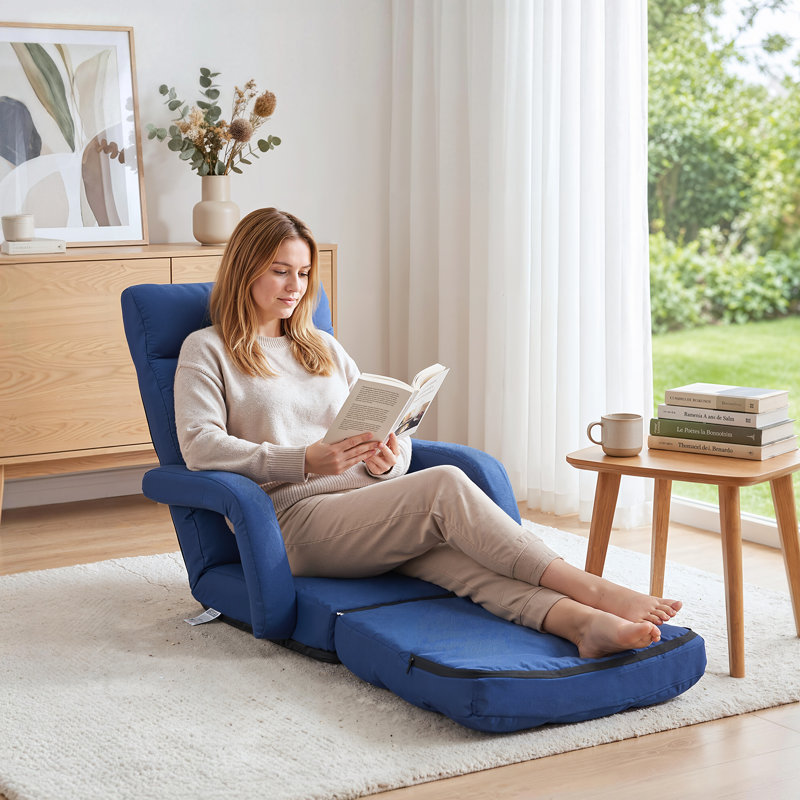 Floor Chair, 5 Adjustable Positions Folding Floor Gaming Chair with Back Support, Armrests, and Cushion, Sturdy Metal Frame with Recycled Foam and Linen Fabric, for Reading, Relaxing, Dark Blue