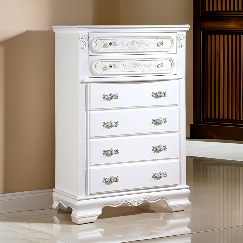 Commode haute Hefziba Auri, 5 tiroirs, moulure couronnée, bois