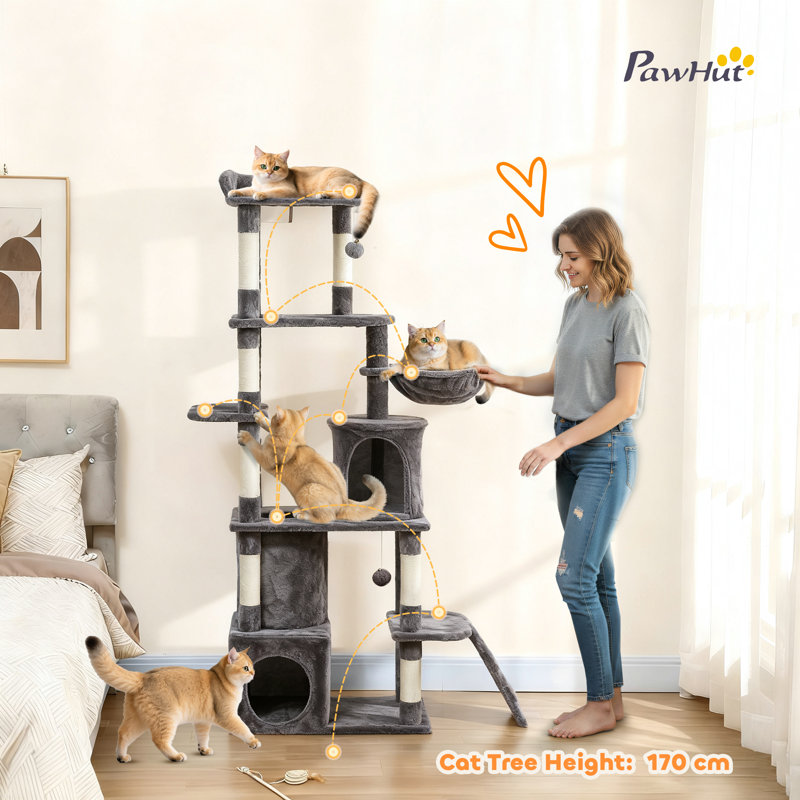 Arbre à chat, grande tour à chat 67 po avec 7 poteaux à griffer, gris foncé