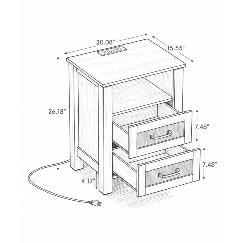 Boho Nightstand With Built-in Charging Station – 2 Ac Outlets, Usb-a & Usb-c, Dual Drawers & Open Shelf, 1, Beige