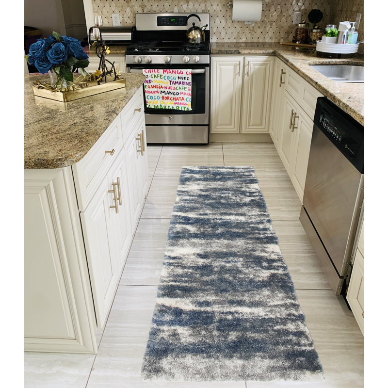Tapis d'intérieur bleu à poils longs Alban, Tapis de couloir 2 pi 8 po x 9 pi 6 po