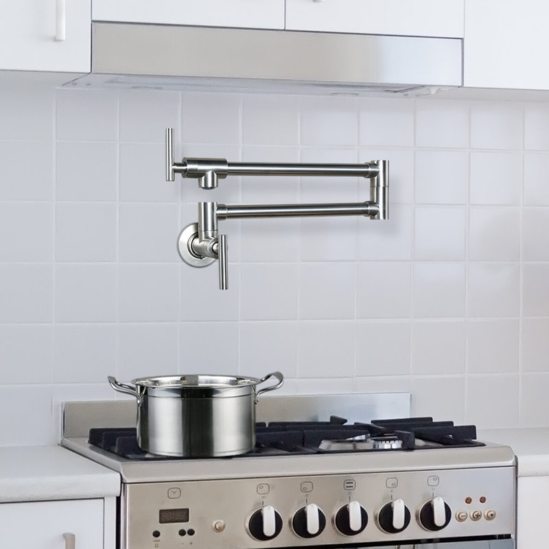 Commercial Wall Mount Brass Pot Filler Faucet with Double Joint Swing Arms, Brushed Nickel