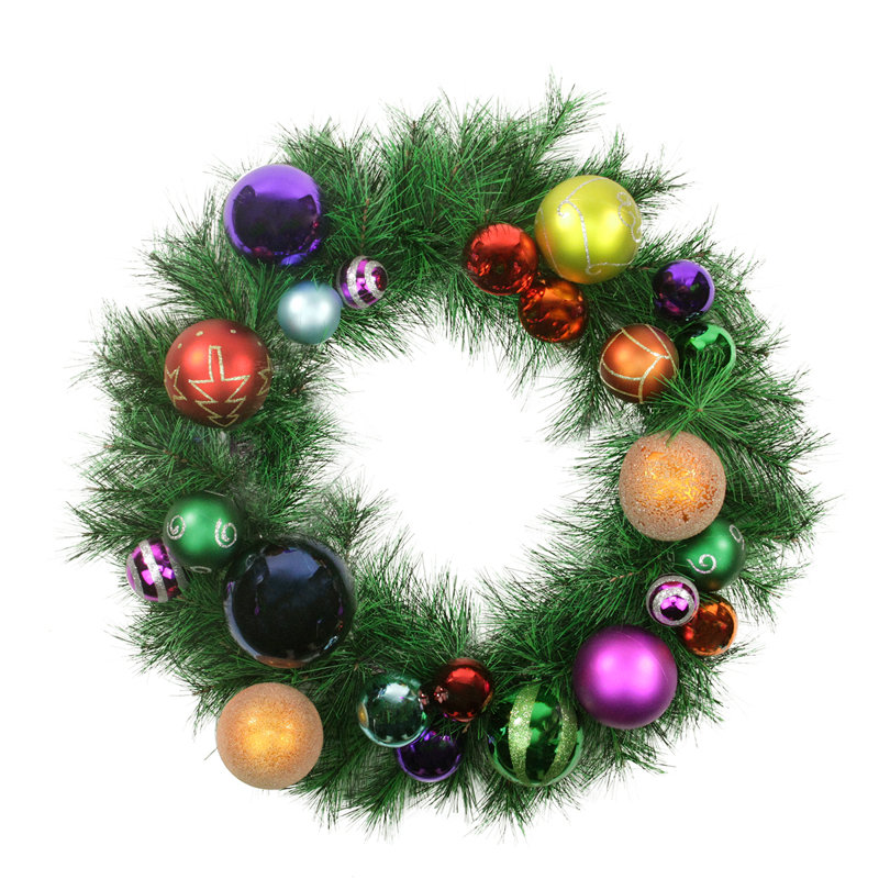 Ornements multicolores et couronne de Noël artificielle en pin 24 pouces non éclairée