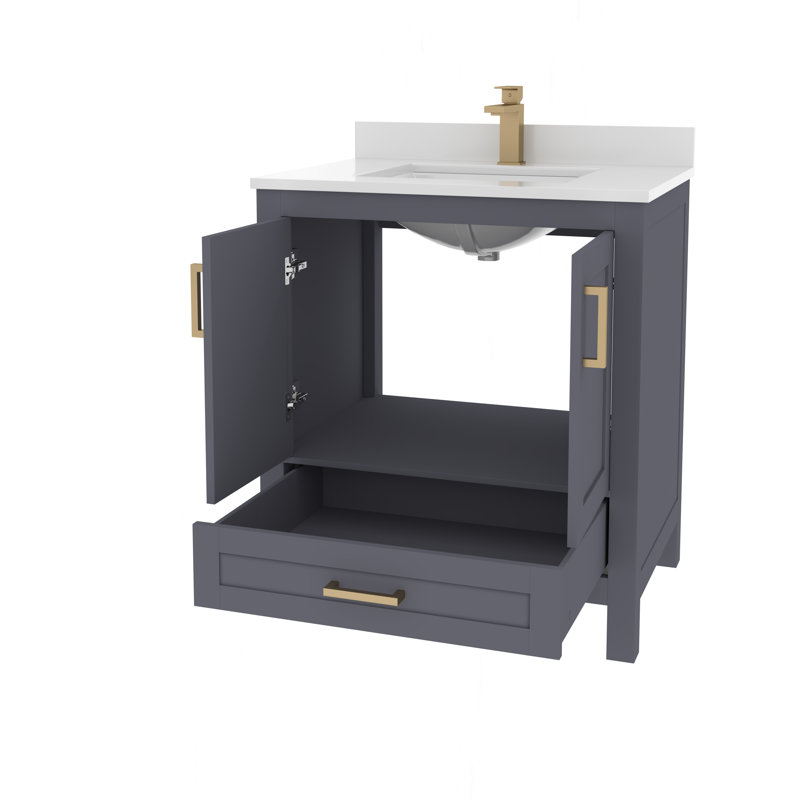 Rooh 30'' Single Bathroom Vanity with White Quartz Top, Brushed Gold, Gray