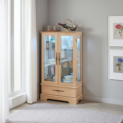 Lighted Glass Curio Display Cabinet With Adjustable Shelves - 2 Doors, 1 Drawer, LED Lights