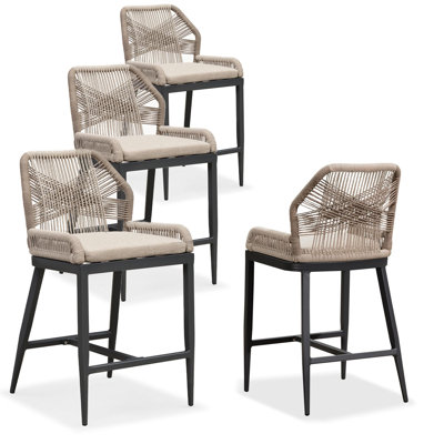  Bar Stools Set Of 4 Outdoor Bar Height Metal Stools Modern Wicker Rattan Barstools With Back Aluminum