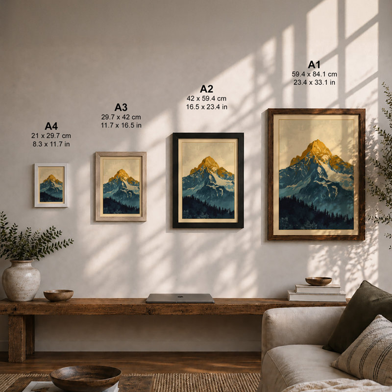 Mountain at Sunrise Minimalist - Framed Print, A2 - 59.4 x 42.0 cm, Walnut