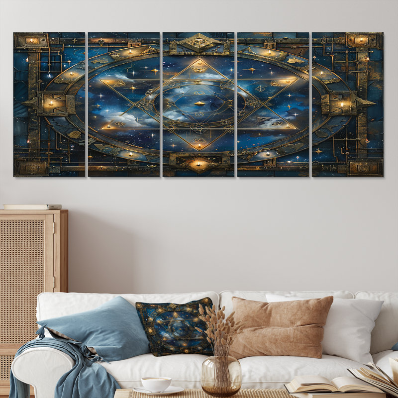 Sceau bleu mystique - art mural abstrait 5 pièces, H 32 po x l 80 po