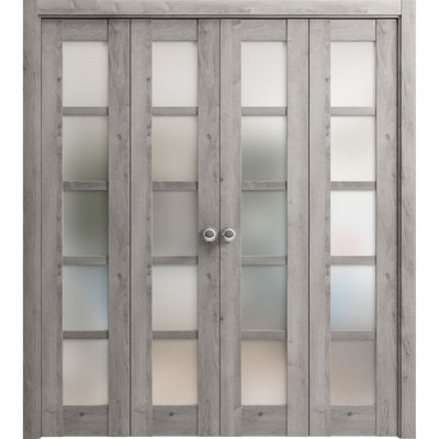 Sliding Closet Double Bi-fold Doors 96" x 80" (4* 24x80) Quadro 4002 Nebraska Grey with Frosted Glass Sturdy Tracks Moldings Trims Hardware Set Wood Solid Bedroom Wardrobe Doors