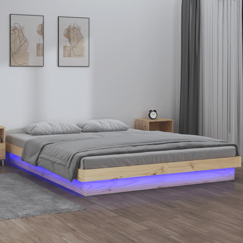 LED Bed Frame Solid Wood, Brown, Double (4'6)
