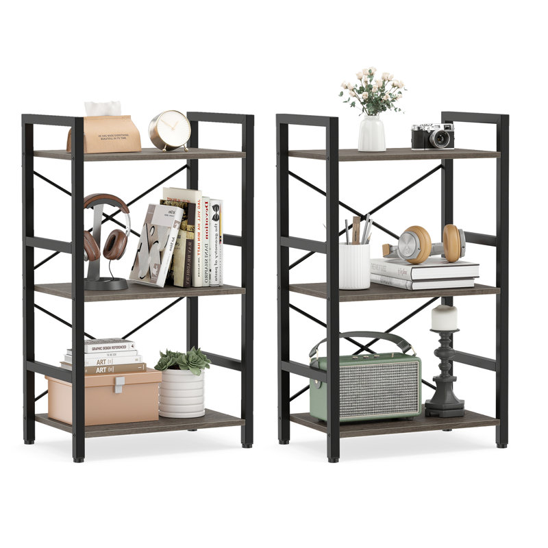 Bibliothèque industrielle 2 pièces, bibliothèque ouverte en bois de 16,5 po de largeur avec structure en métal chêne gris et noir